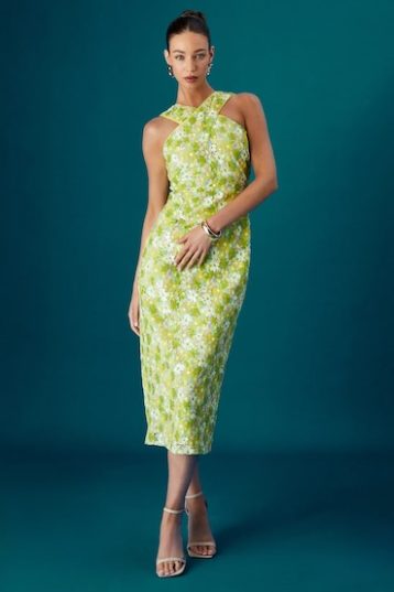 Coast Muse Cross Neck Sequin Floral Midi Dress Green