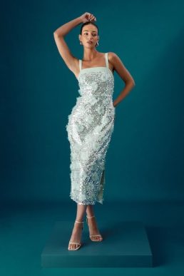 Coast Muse Strappy 3D Sequin Flower Midi Dress Sage Green