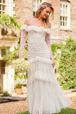 Needle & Thread Sequin Glimmer Rouched Off-Shoulder Gown