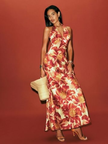 Reformation Daniela Maxi Silk Dress Orange Multi