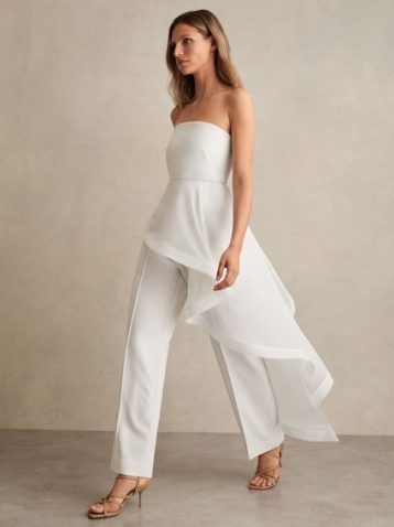 Reiss Rhiannon Silk Ruffle Bandeau Wide-Leg Jumpsuit Ivory