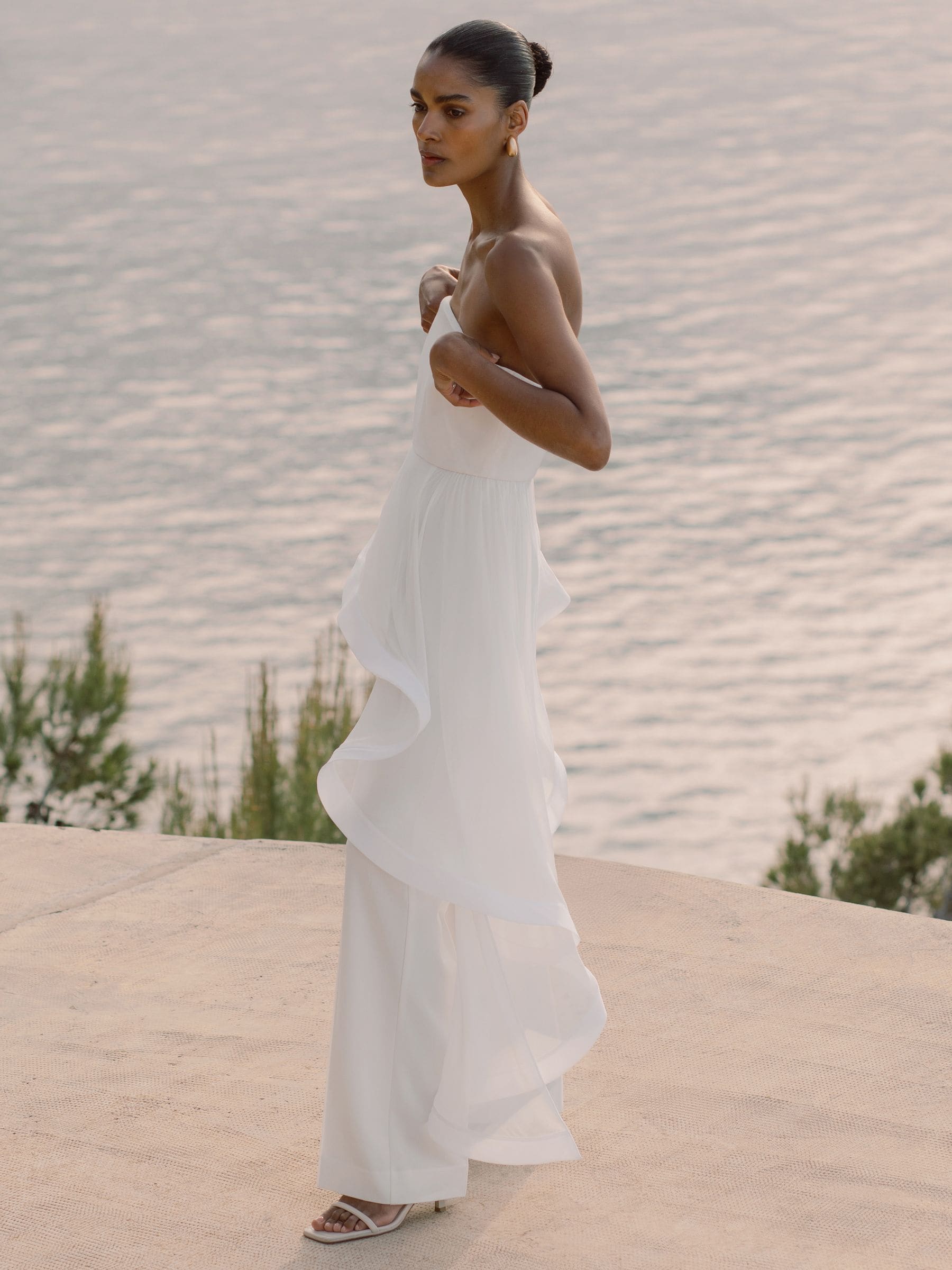 RHIANNON SILK RUFFLE BANDEAU WIDE-LEG JUMPSUIT IN IVORY