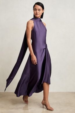 Reiss Michelle Satin Tuck-Detail Cape Midi Dress Purple
