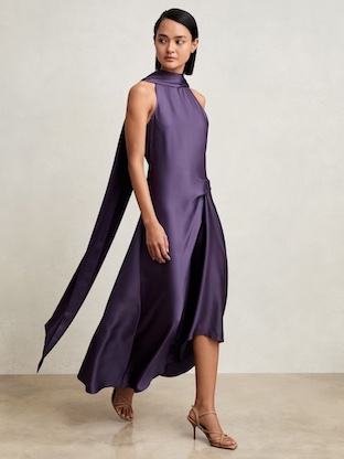 Reiss Michelle Satin Tuck-Detail Cape Midi Dress Purple