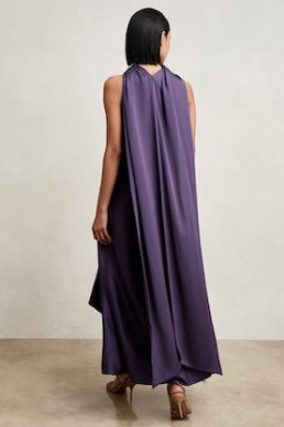 Reiss Michelle Satin Tuck-Detail Cape Midi Dress Purple