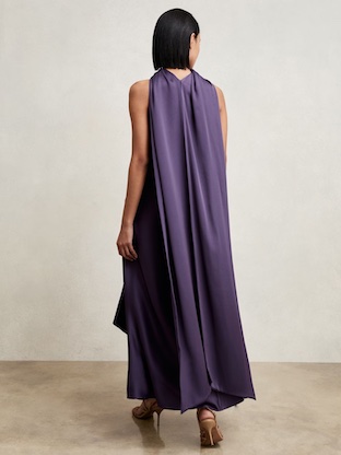 Reiss Michelle Satin Tuck-Detail Cape Midi Dress Purple