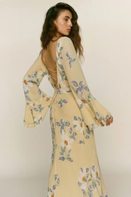 Reformation Olio Maxi Sleeve Dress Yellow Blue Multi
