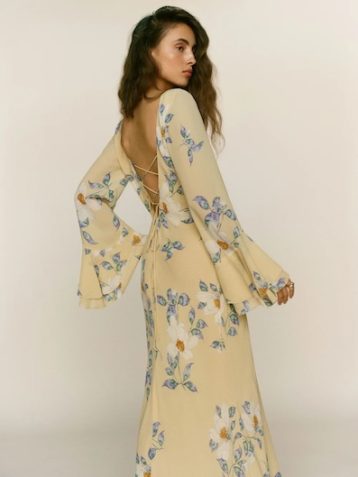 Reformation Olio Maxi Sleeve Dress Yellow Blue Multi