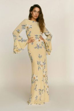 Reformation Olio Maxi Sleeve Dress Yellow Blue Multi