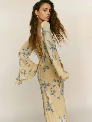Reformation Olio Maxi Sleeve Dress Yellow Blue Multi