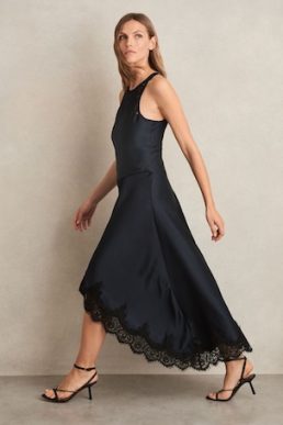 Reiss Anais Satin Drape Lace-Trim Dress Navy