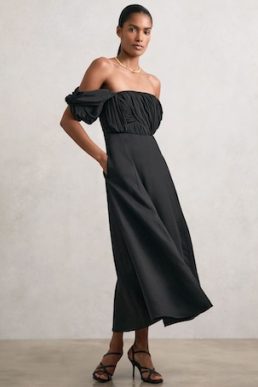 Reiss Frankie Bardot Sculpted Bodice Midi Dress Linen Black