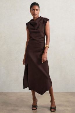 Reiss Harlan Twill Jersey Draped Midi Dress Burgundy