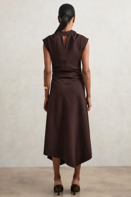 Reiss Harlan Twill Jersey Draped Midi Dress Burgundy
