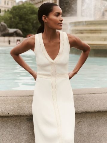 Reiss Lou Craft-Stitch Knitted Midi Dress Ivory