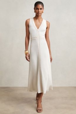 Reiss Lou Craft-Stitch Knitted Midi Dress Ivory