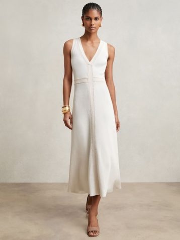 Reiss Lou Craft-Stitch Knitted Midi Dress Ivory