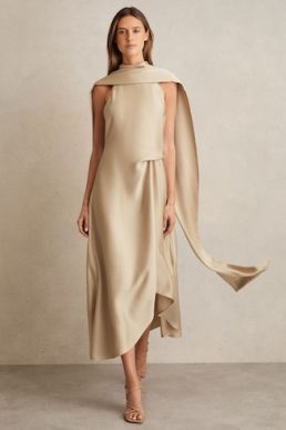 Reiss Michelle Satin Tuck-Detail Cape Midi Dress Champagne