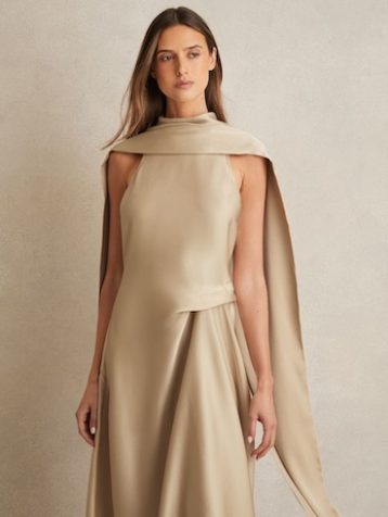 Reiss Michelle Satin Tuck-Detail Cape Midi Dress Champagne