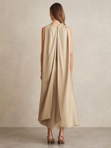 Reiss Michelle Satin Tuck-Detail Cape Midi Dress, Champagne