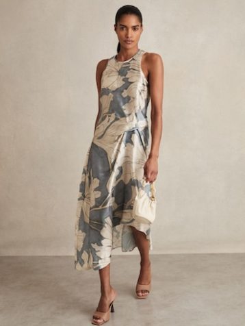 Reiss Mieke Satin Floral Drape Midi Dress Blue