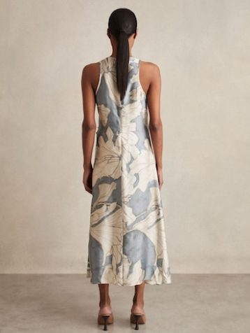 Reiss Mieke Satin Floral Drape Midi Dress Blue