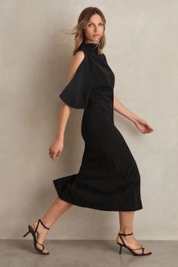 Reiss Petra Draped-Front High-Neck Midi Dress Black