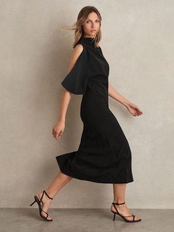 Reiss Petra Draped-Front High-Neck Midi Dress Black