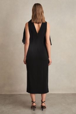 Reiss Petra Draped-Front High-Neck Midi Dress Black