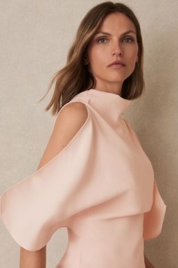 Reiss Petra Draped-Front High-Neck Midi Dress Pale Pink Blush