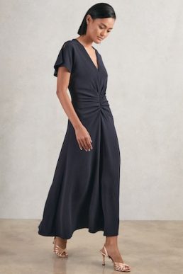 Reiss Rowe Ruched-Front Midi Dress Navy Blue