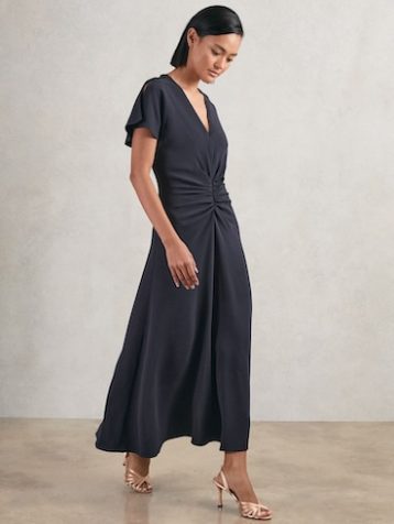Reiss Rowe Ruched-Front Midi Dress Navy Blue