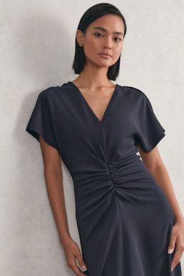 Reiss Rowe Ruched-Front Midi Dress Navy Blue