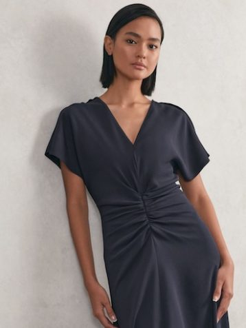 Reiss Rowe Ruched-Front Midi Dress Navy Blue