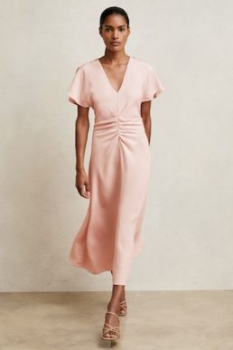 Reiss Rowe Ruched-Front Midi Dress Pale Pink