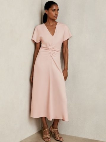 Reiss Rowe Ruched-Front Midi Dress Pale Pink