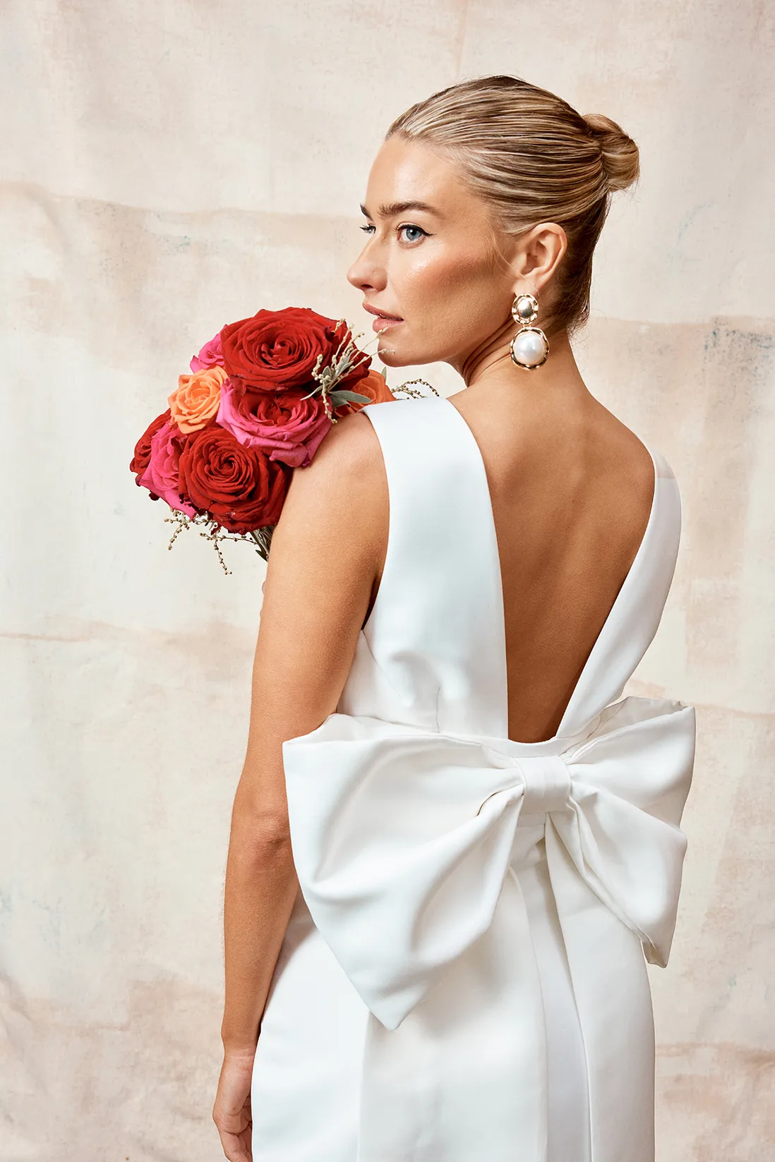 Plunge Neck Structured Satin Bow Back Wedding Dress