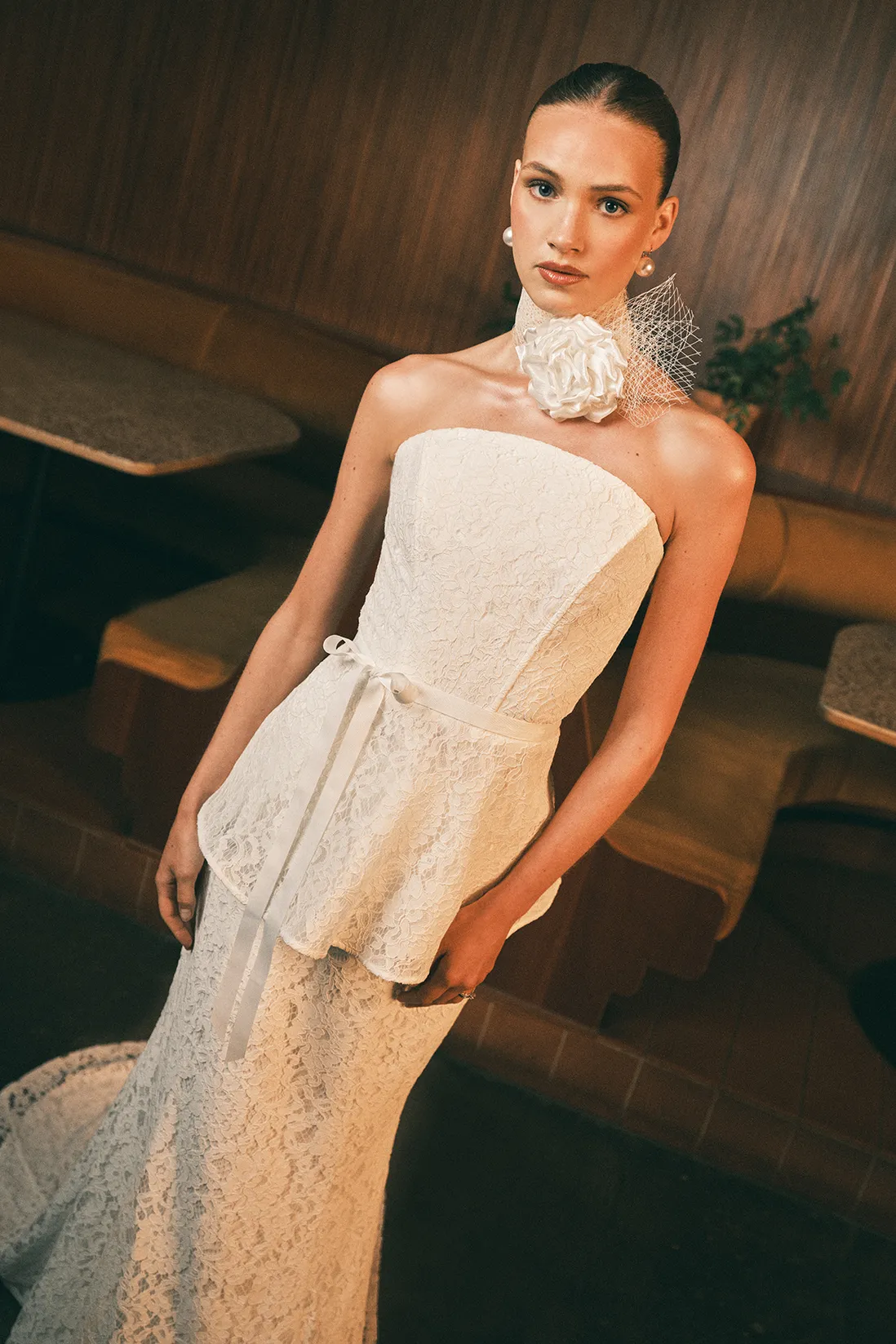 Bandeau Lace Peplum Bridal Top, £79 | Lace Bridal Maxi Skirt, £109