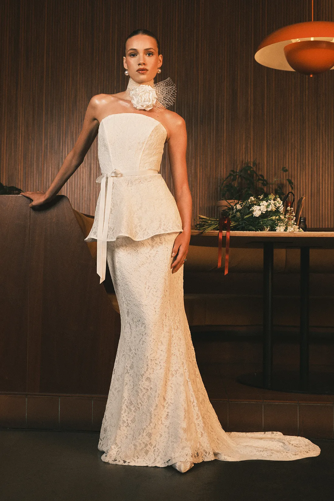 Bandeau Lace Peplum Bridal Top, £79 | Lace Bridal Maxi Skirt, £109