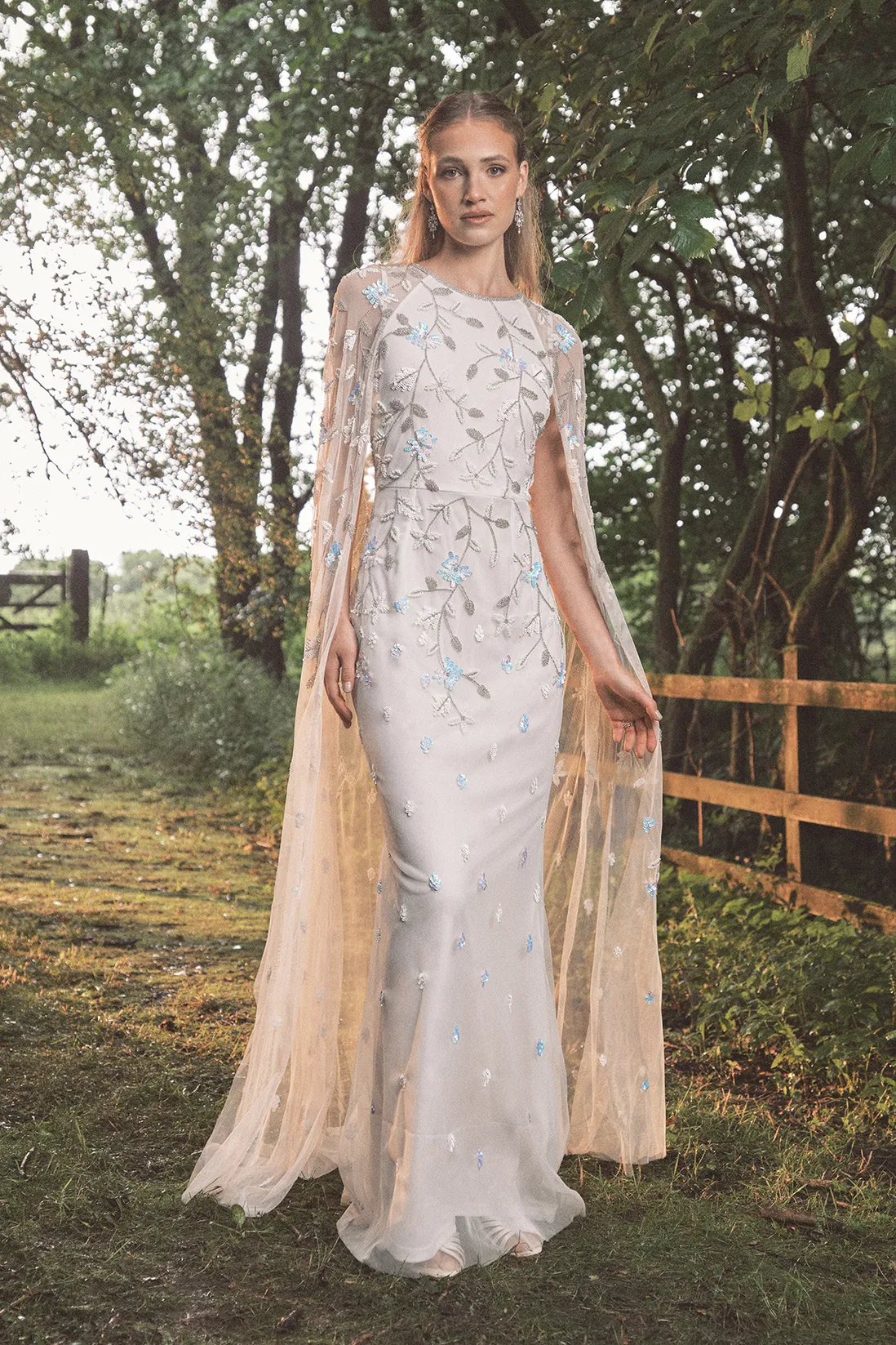 Floral Embellished Cape Maxi Wedding Dress