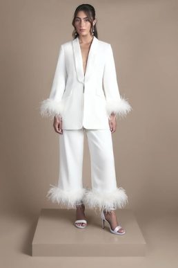 Coast Feather Trim Single Breasted Tux Style Wedding Blazer, Ivory