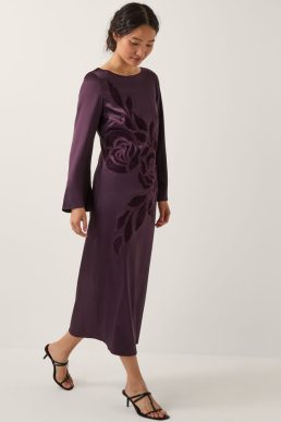 Monsoon Callie floral satin long sleeve midi dress purple