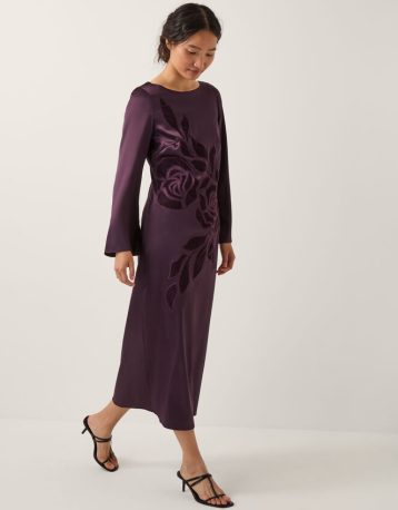 Monsoon Callie floral satin long sleeve midi dress purple