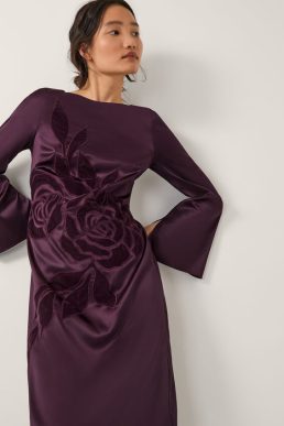 Monsoon Callie floral satin long sleeve midi dress purple