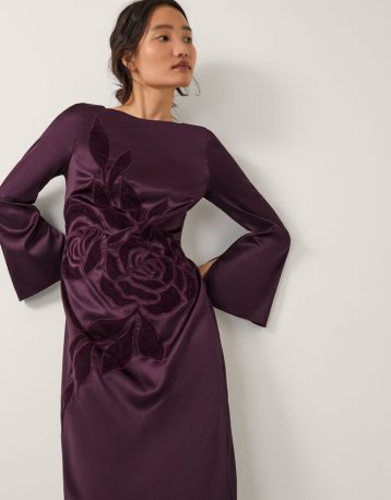 Monsoon Callie floral satin long sleeve midi dress purple