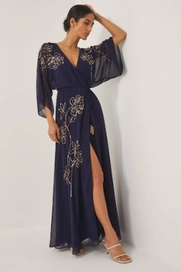 Monsoon Skyla floral embellished maxi wrap dress navy blue