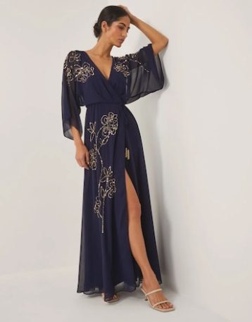 Monsoon Skyla floral embellished maxi wrap dress navy blue