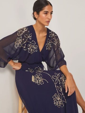 Monsoon Skyla floral embellished maxi wrap dress navy blue