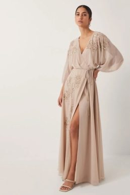 Monsoon Skyla floral embellished maxi wrap dress nude