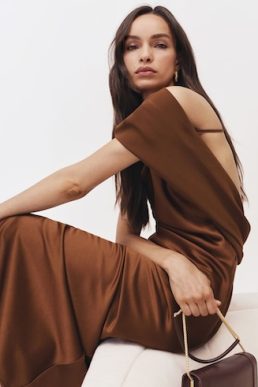 Reiss Alula Satin Draped Open-Back Dress Bronze